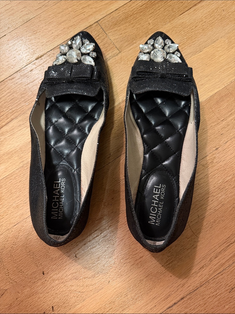 Michael Kors Black Pointed-Toe Flats with Crystal Accents